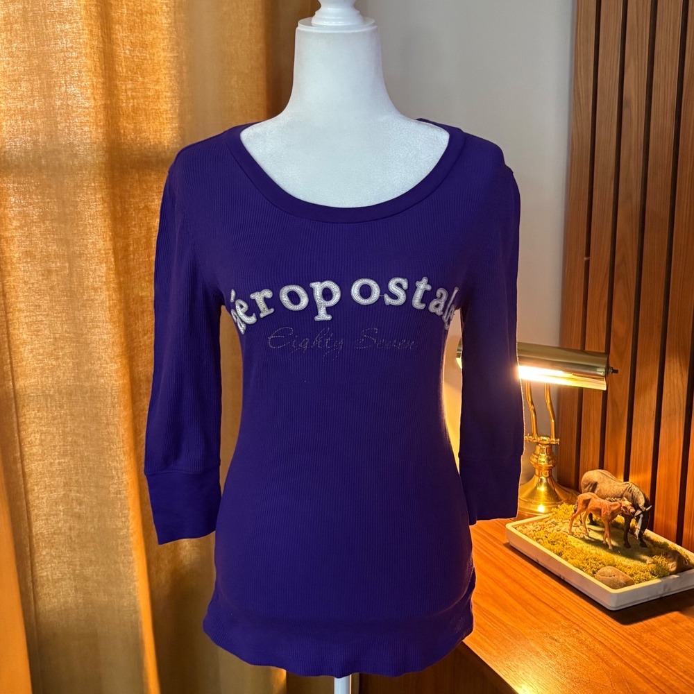Aeropostale Eighty Seven Purple Waffle Knit Thermal 3/4 Sleeve Top Womens L